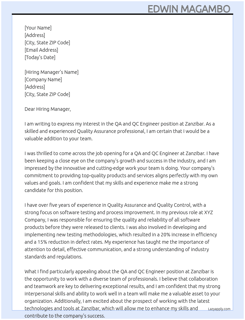 QA and QC Engineer  At Zanzibar  Cover Letter