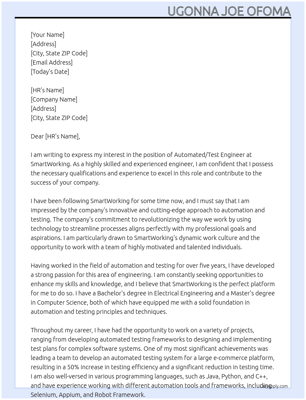 Automated/Test Engineer At SmartWorking Cover Letter
