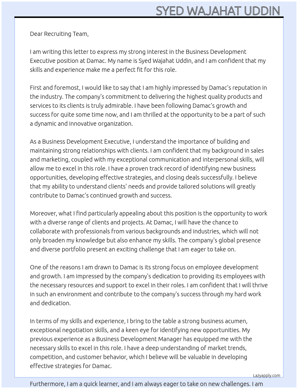 Business development executive  At Damac Cover Letter