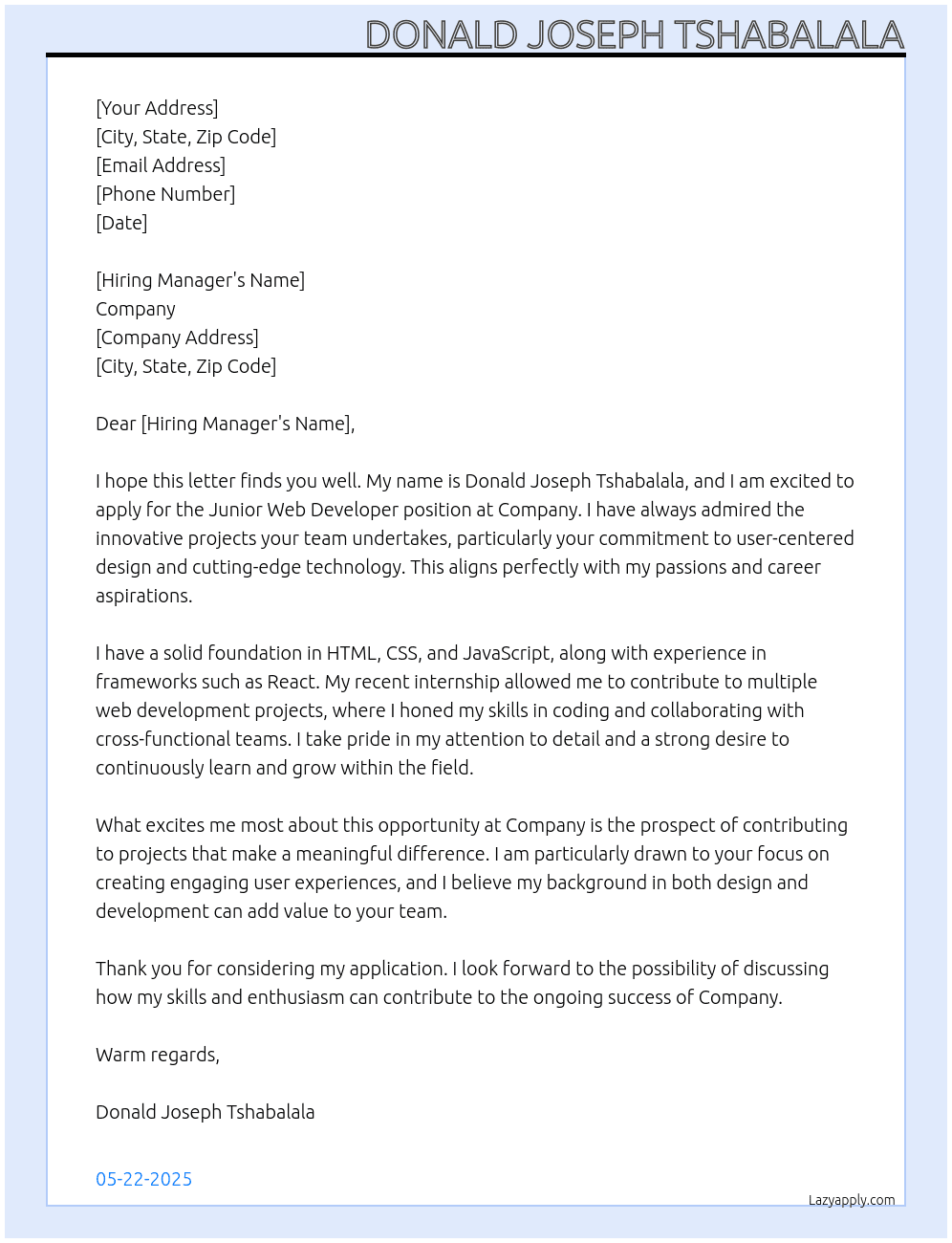 junior web developer At company Cover Letter