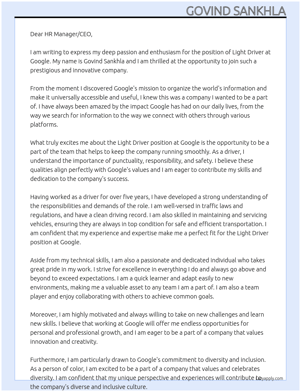 Light driver  At Google  Cover Letter