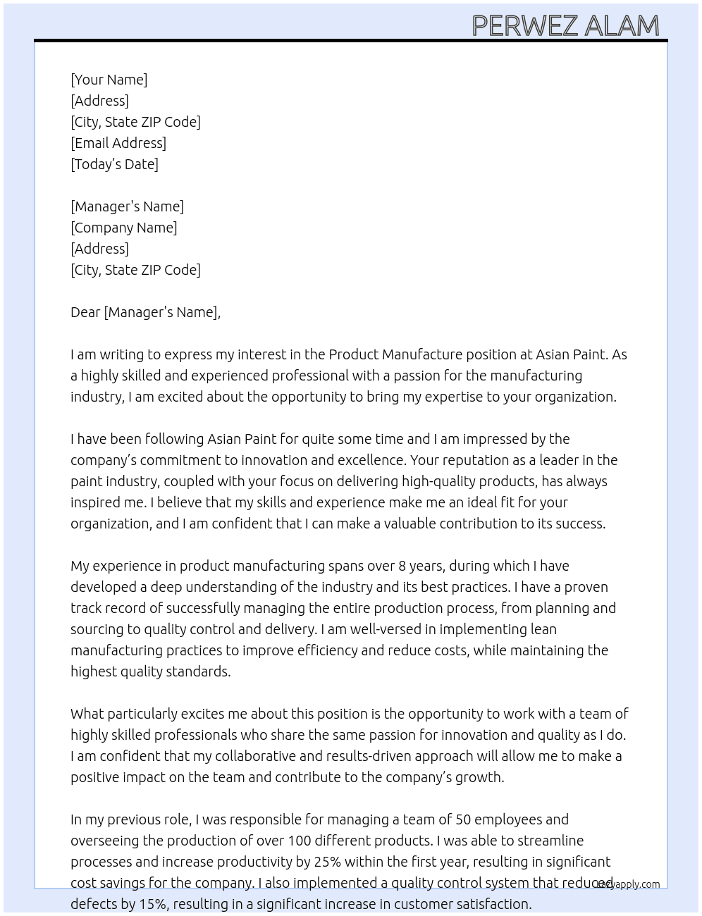 Product manufacture At Asian paint Cover Letter