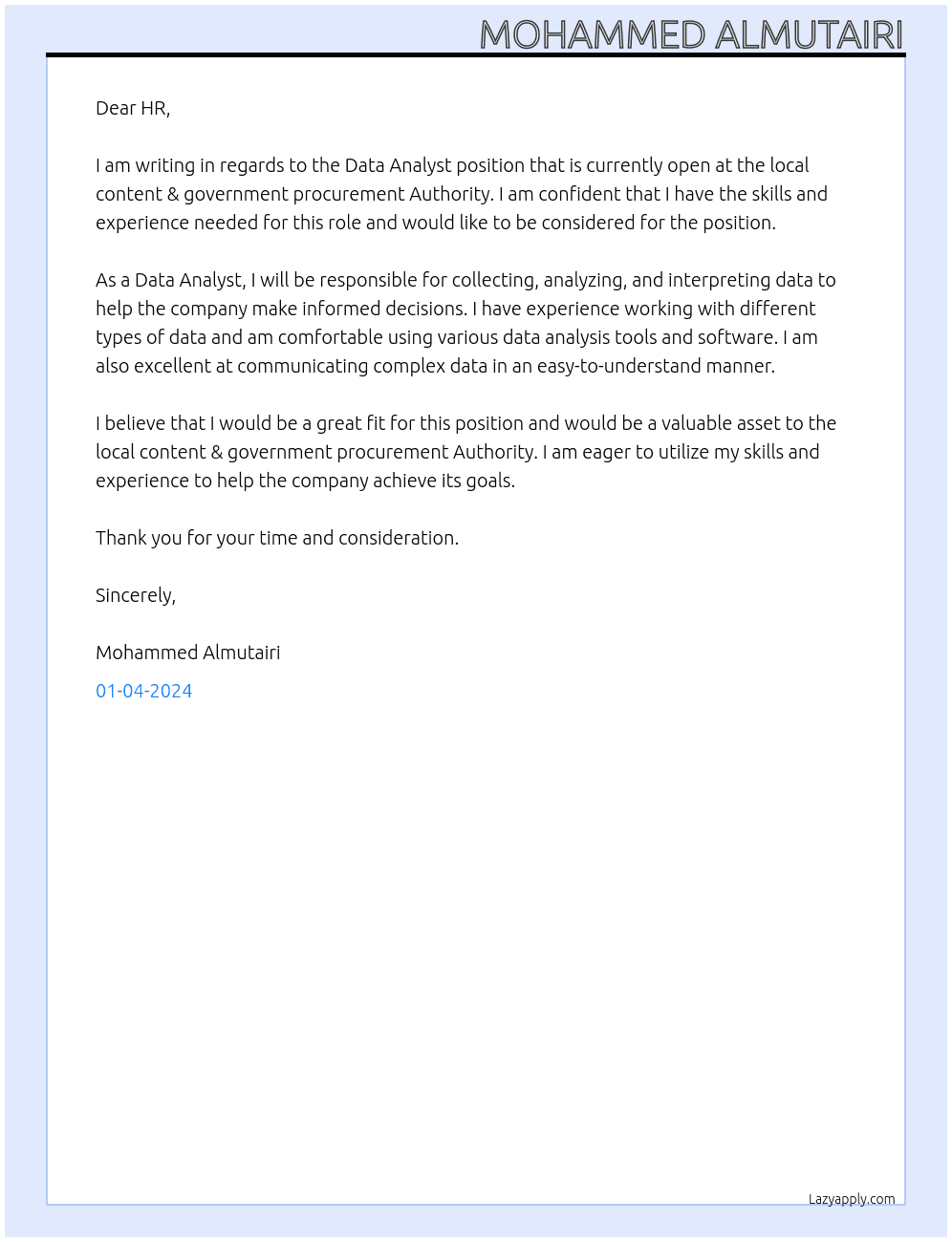 Data Analyst At local content & government procurement Authority Cover Letter