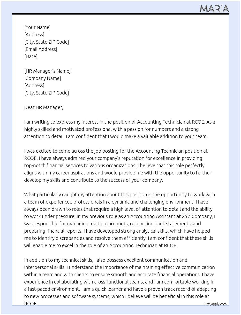 accounting technician At rcoe Cover Letter