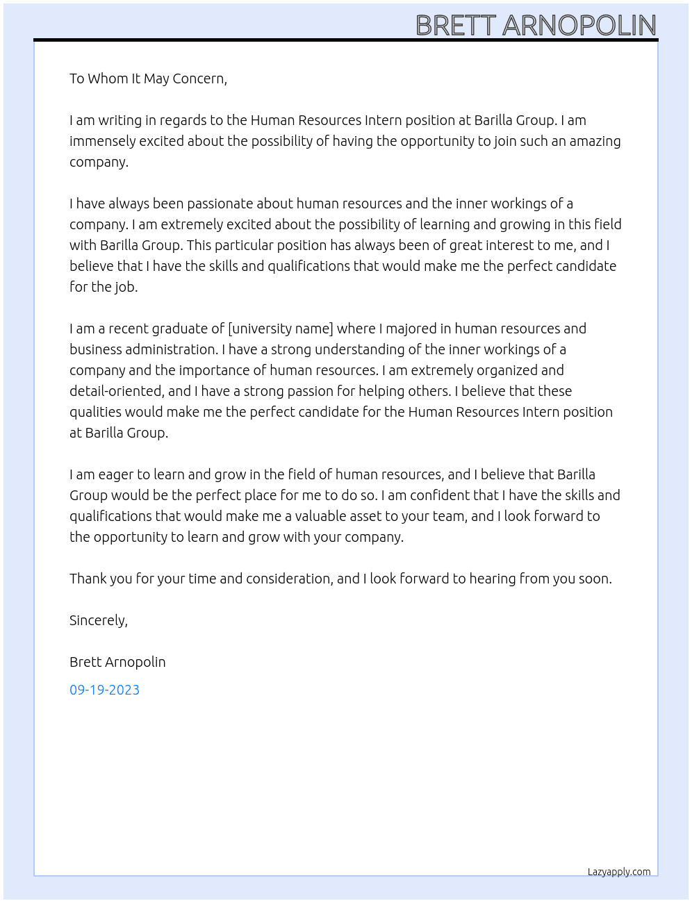 Human Resources Intern At Barilla Group Cover Letter