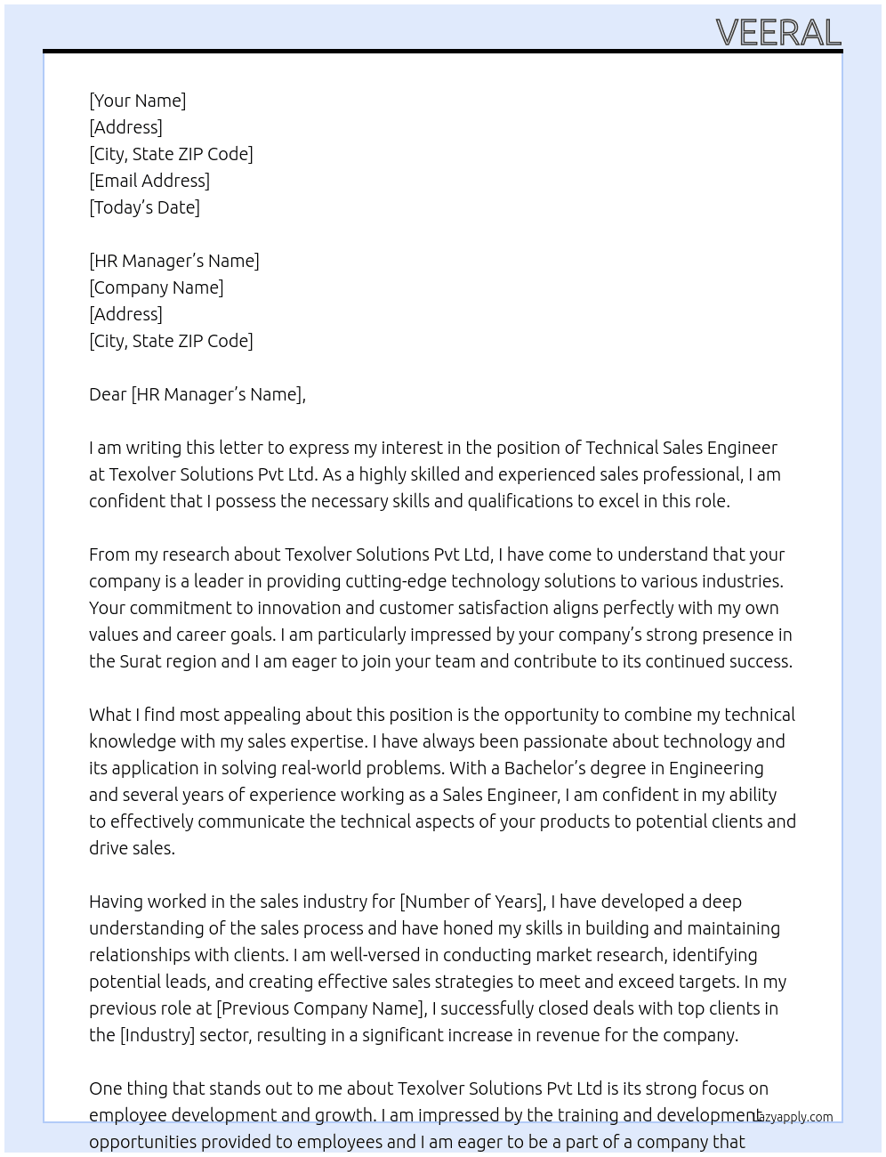 Technical Sales Engineer At Texolver Solutions Pvt Ltd Cover Letter