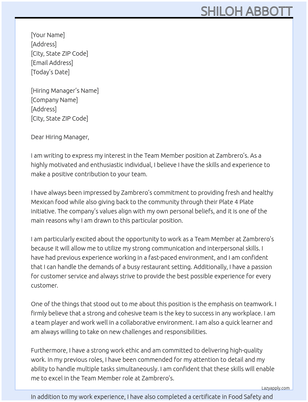Team Member  At Zambrero’s Cover Letter