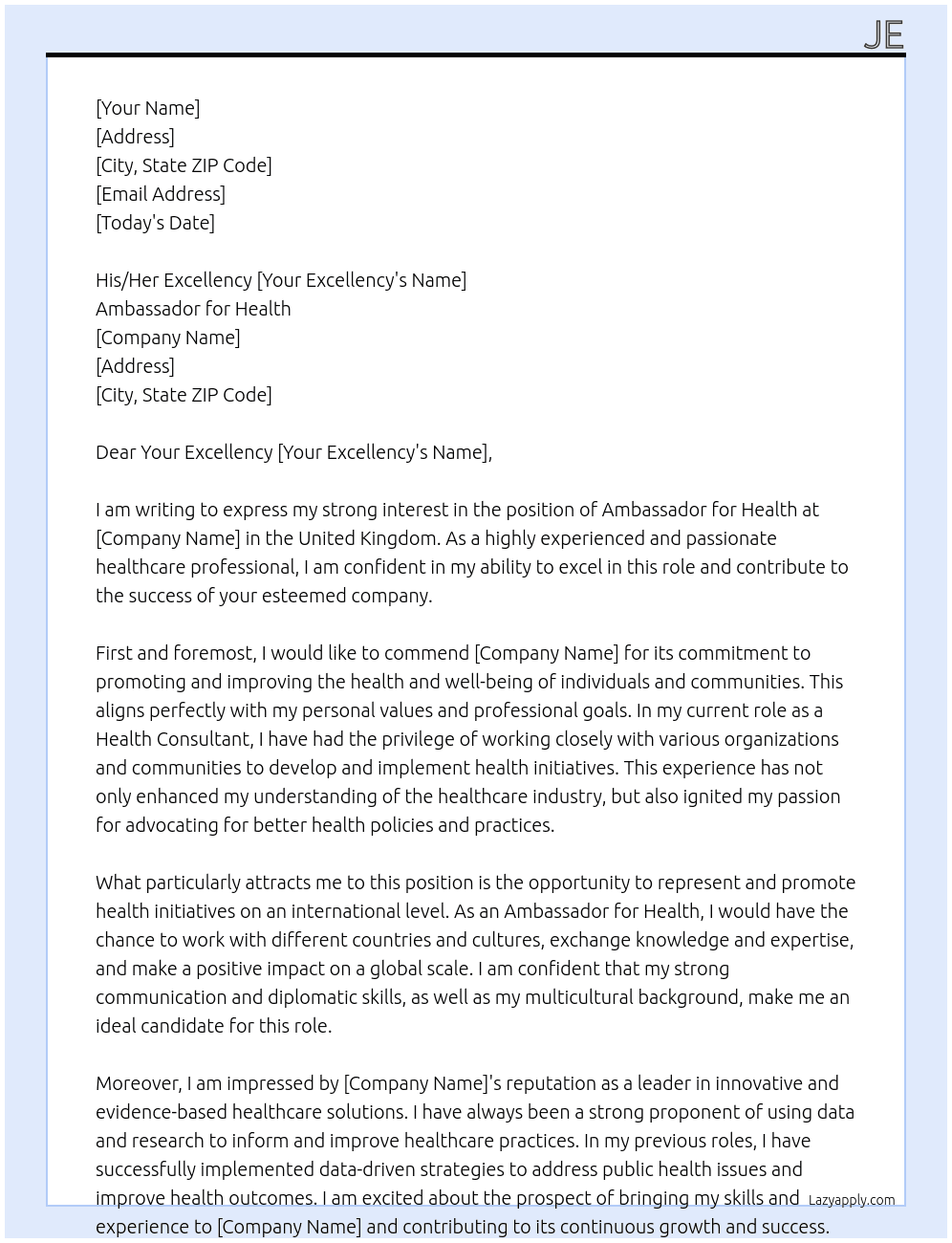 ambassador for health  At uk Cover Letter