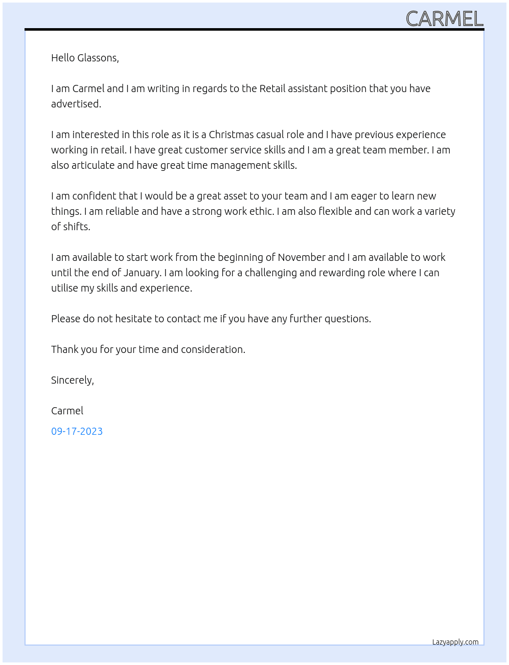 Retail assistant At Glassons Cover Letter