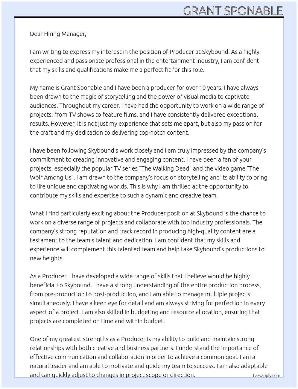 Producer At Skybound Cover Letter