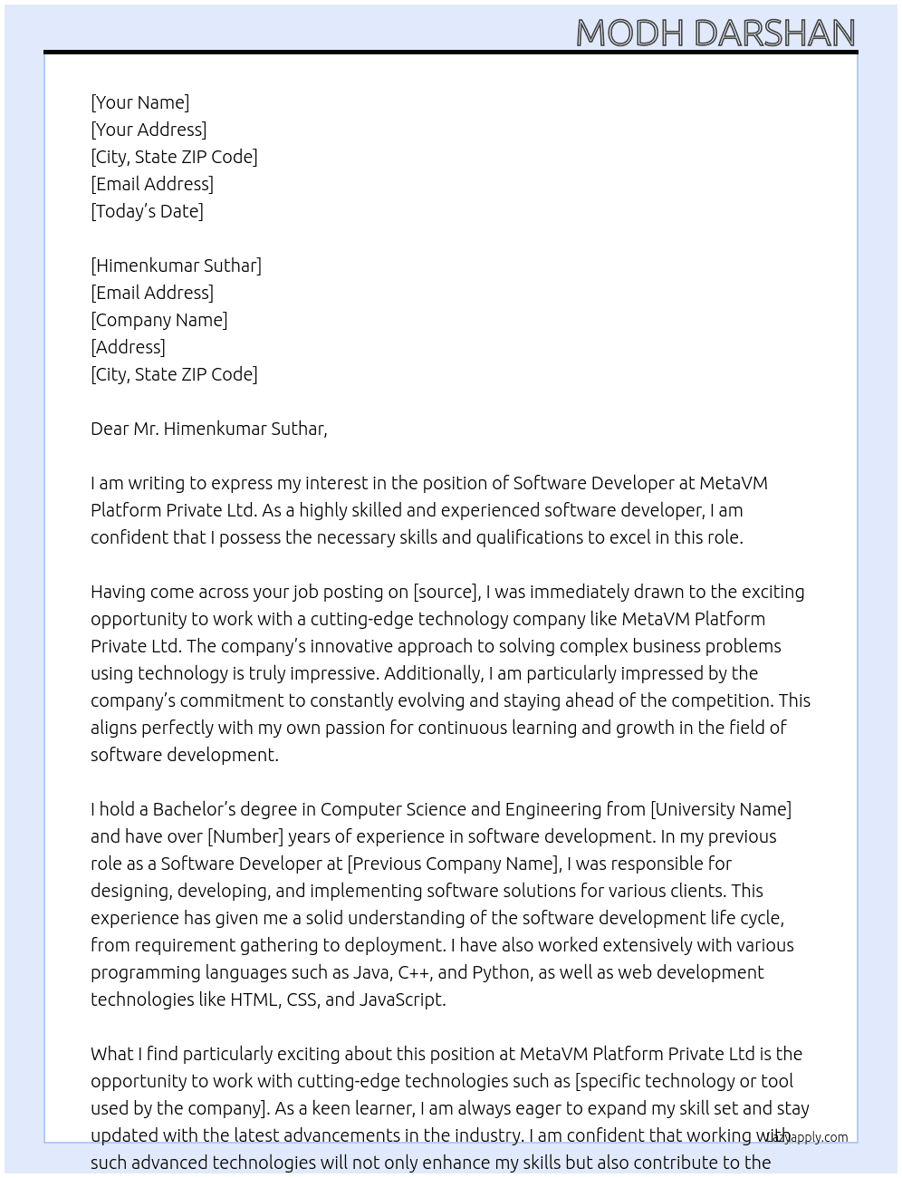 software developer At  MetaVM Platform Private Ltd Cover Letter