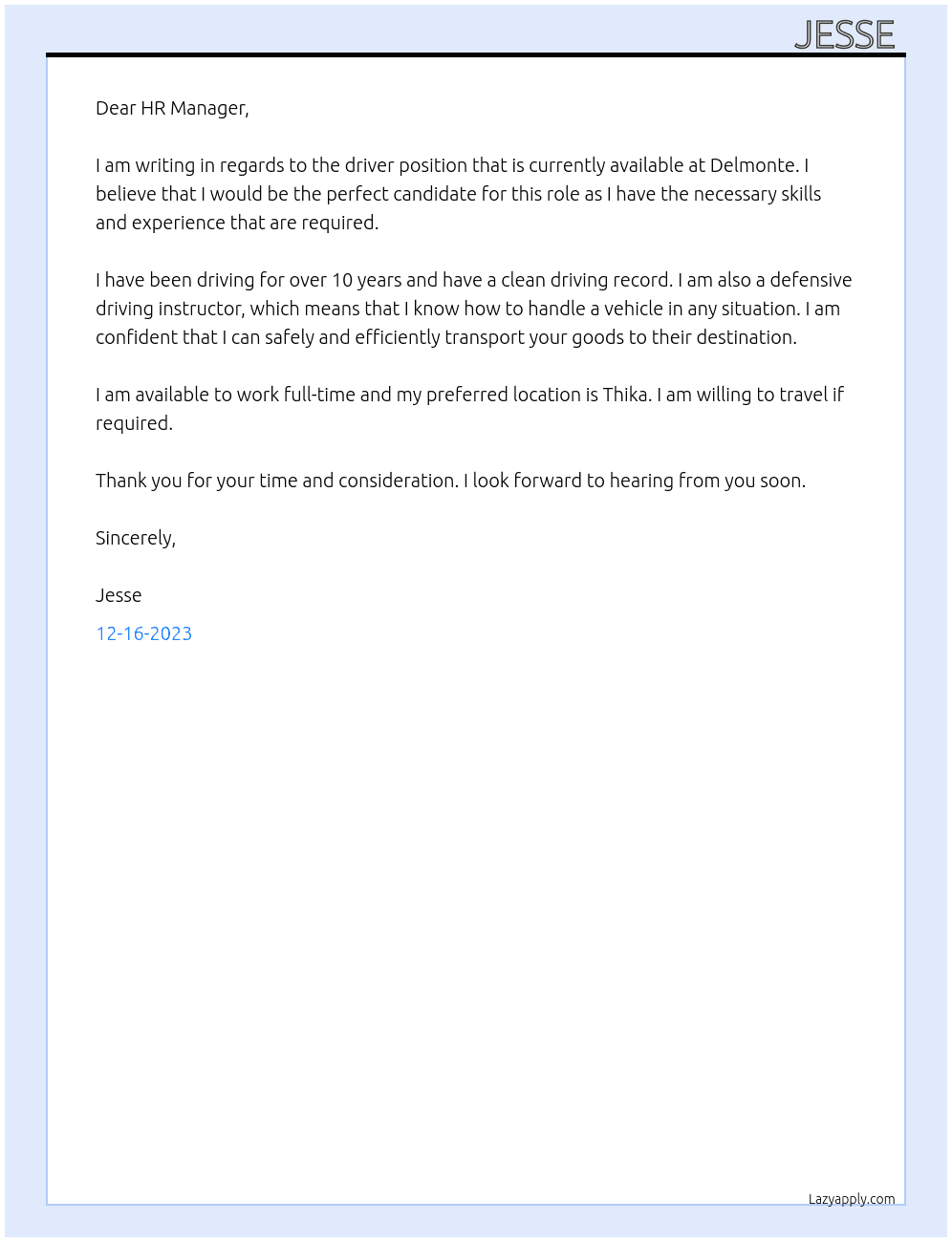 Driver At Delmonte  Cover Letter