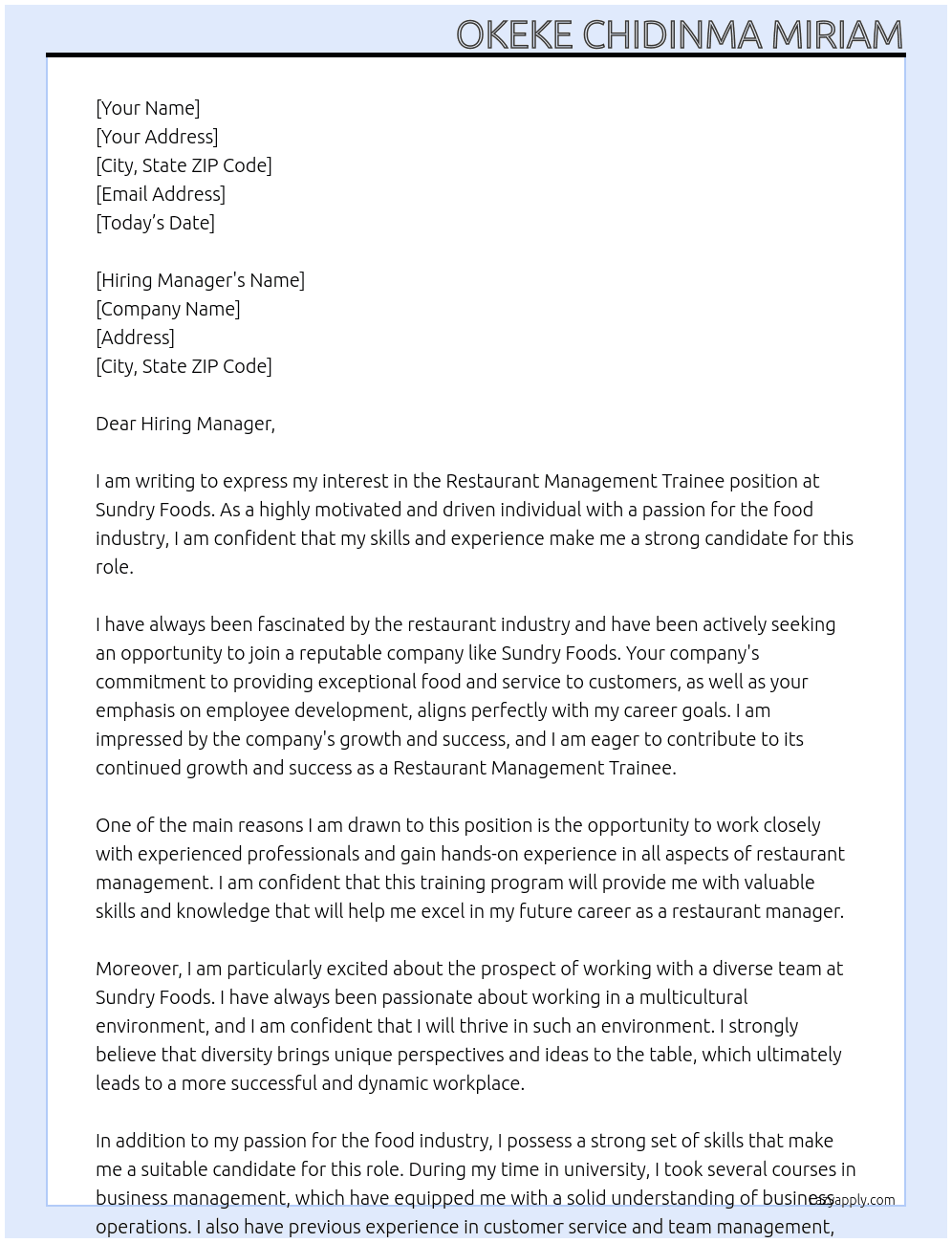 Restaurant Management Trainee At Sundry Foods Cover Letter