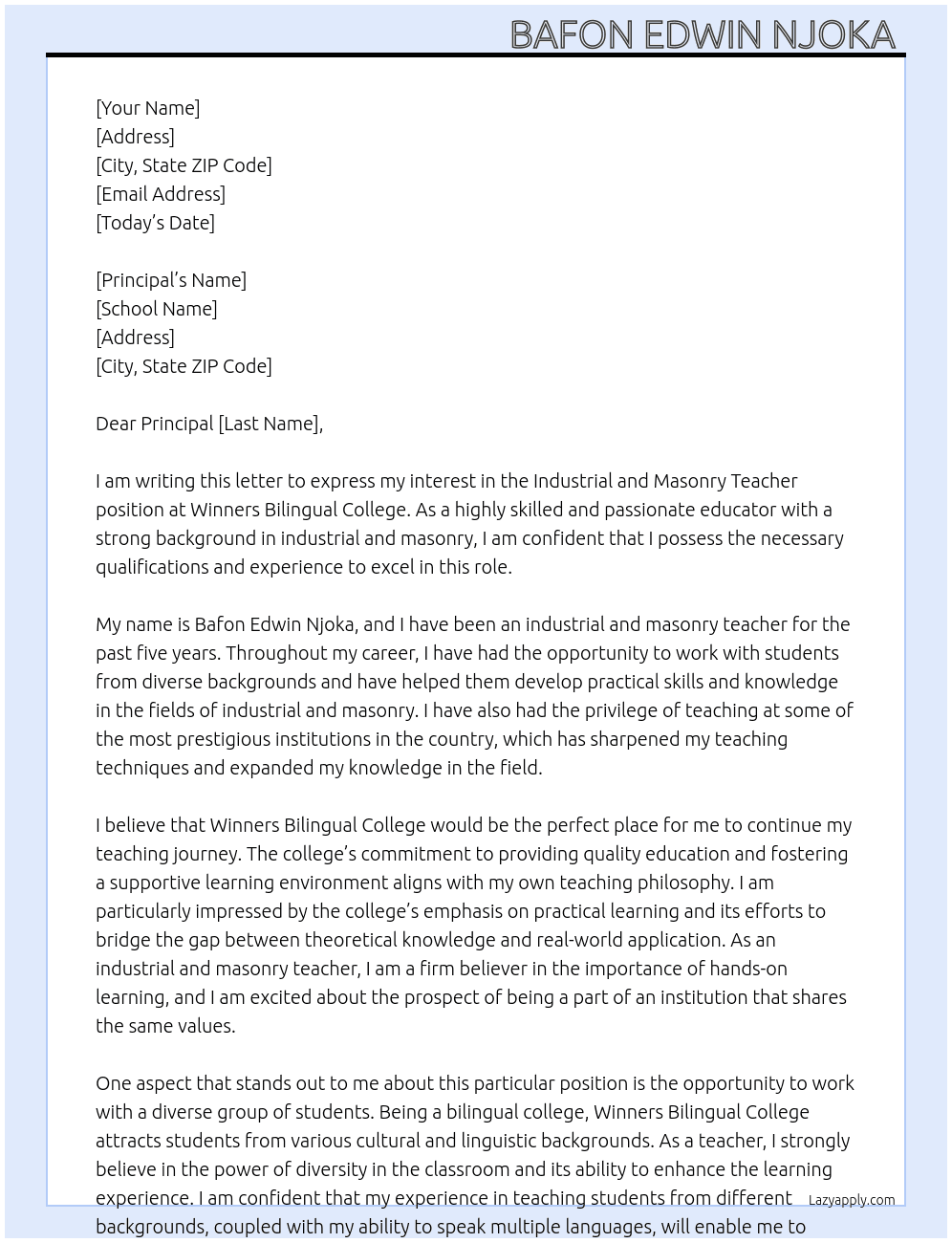 Industrial and masonry teacher  At Winners bilingual college  Cover Letter