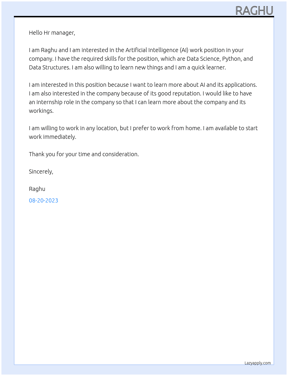 Artificial Intelligence (AI) work At Avaari Cover Letter