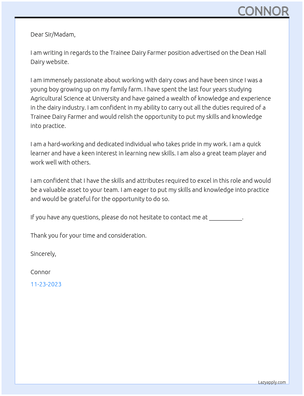 trainee dairy farmer At Dean Hall Dairy Cover Letter