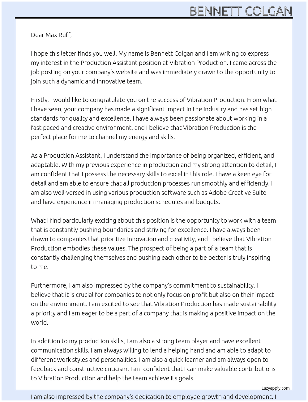 Production Assistant At Vibration Production Cover Letter