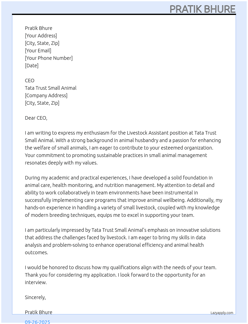 Live stock assistant  At Tata trust small animal Cover Letter