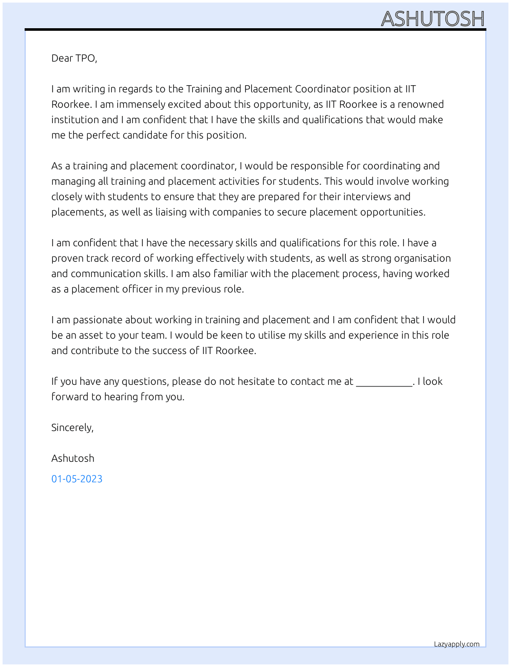 Training and Placement Coordinator At IIT Roorkee Cover Letter