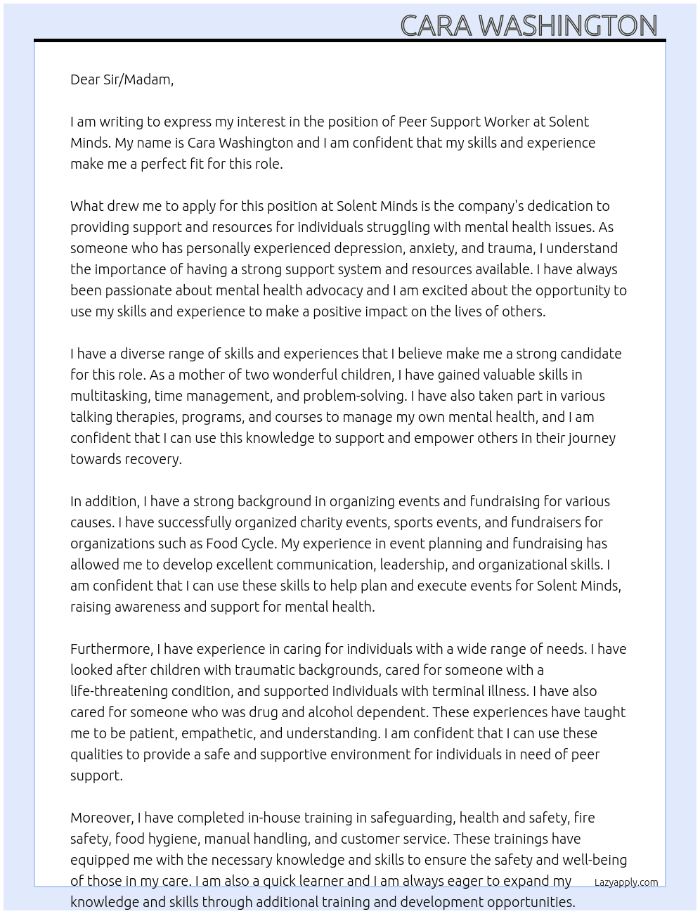 Peer Support Worker At Solent Minds Cover Letter