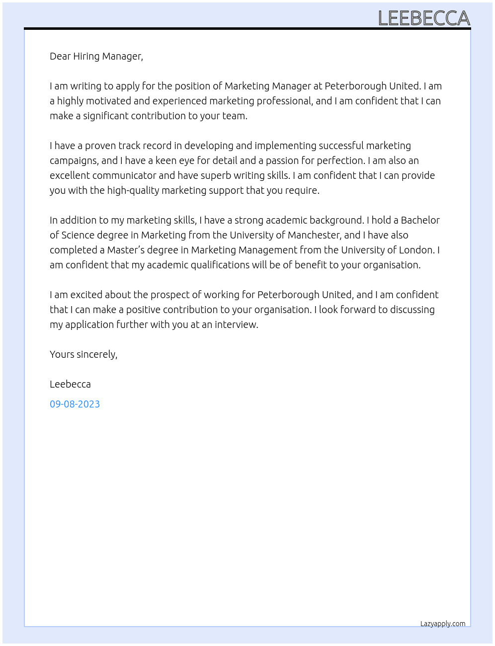 Marketing manager  At Peterborough United  Cover Letter