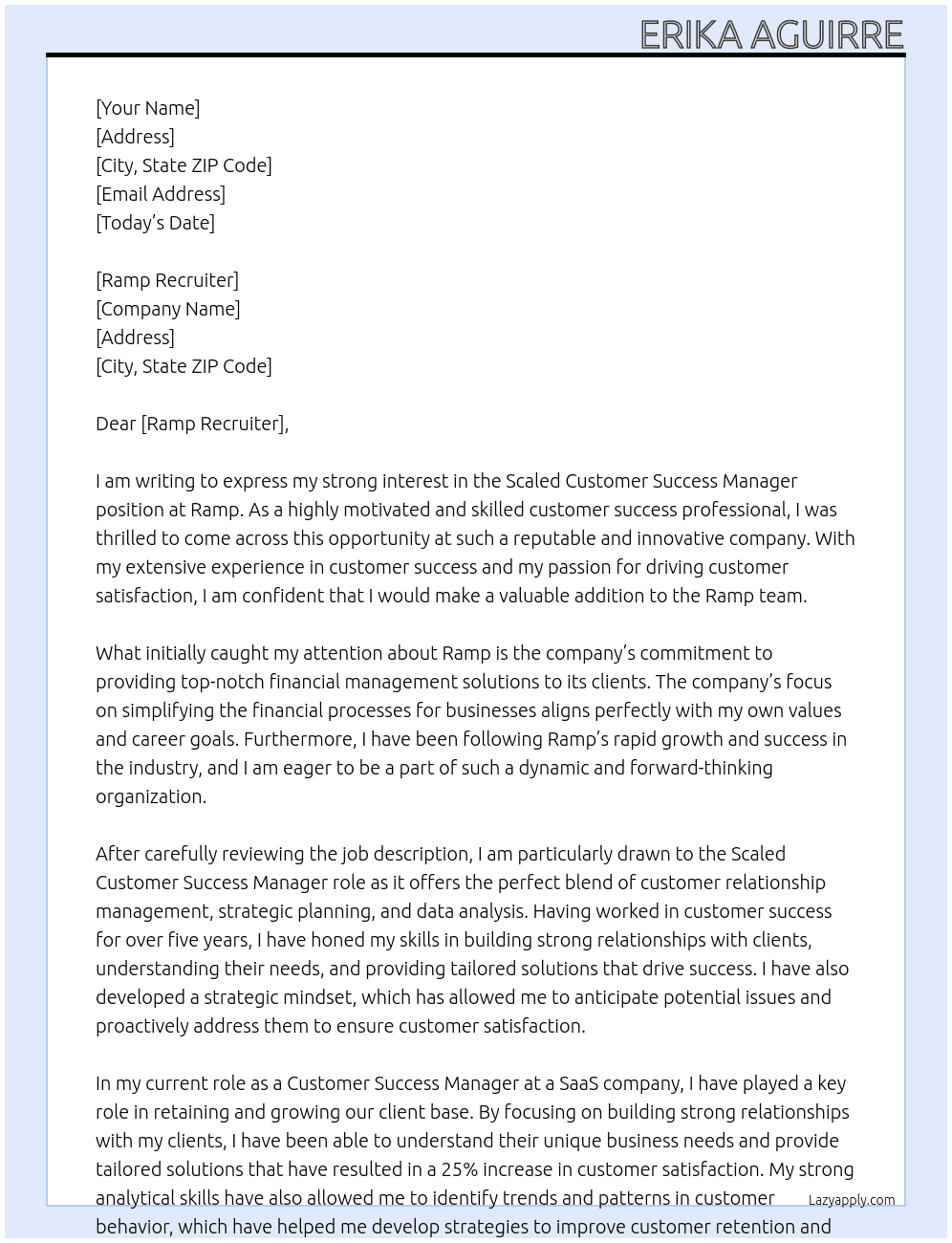 Scaled Customer Success Manager At Ramp Cover Letter