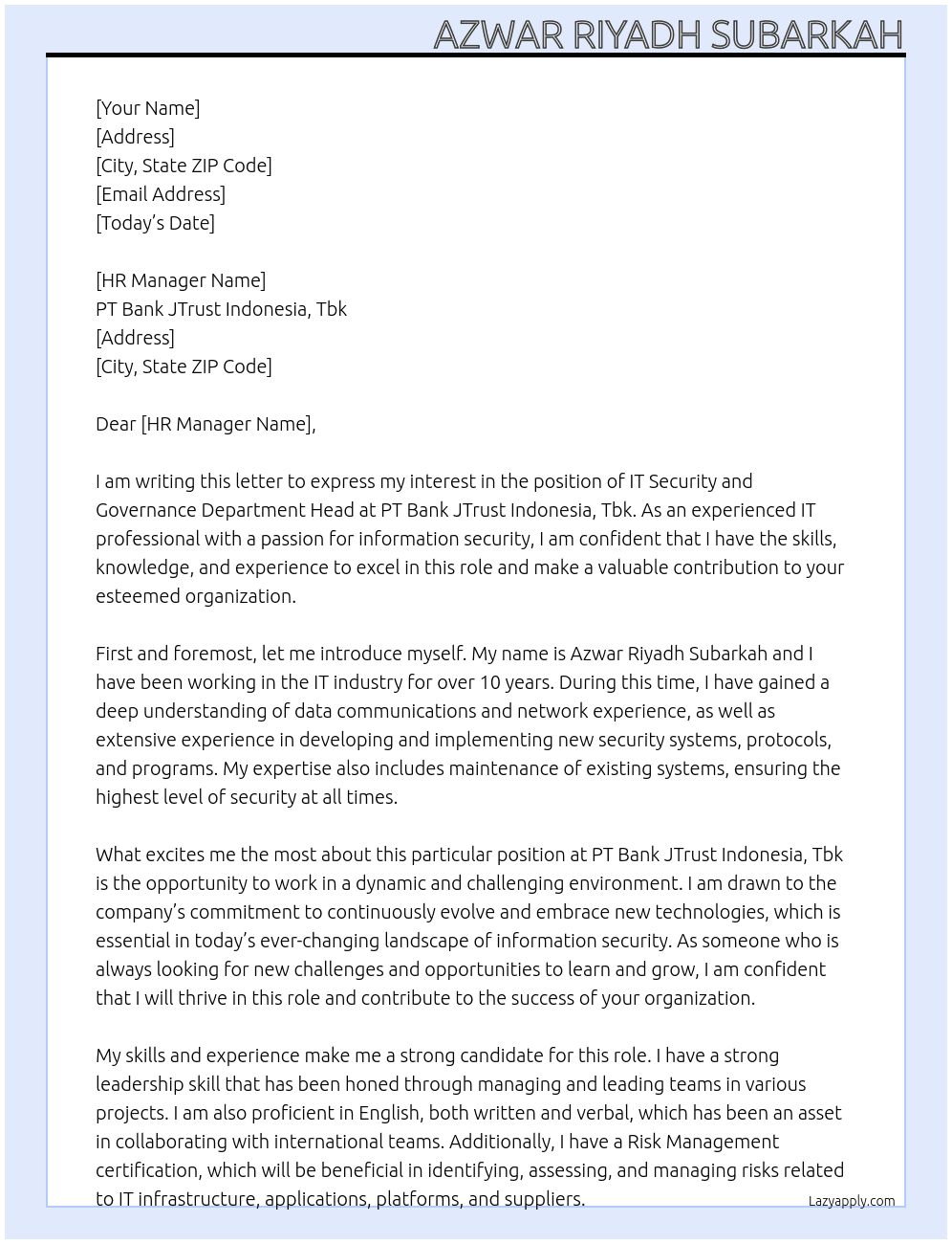 IT Security and Governance Department Head At PT Bank JTrust Indonesia, Tbk Cover Letter