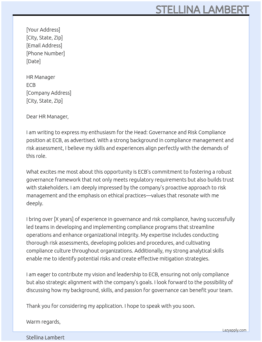 Head: Governance and Risk Compliance  At ECB Cover Letter