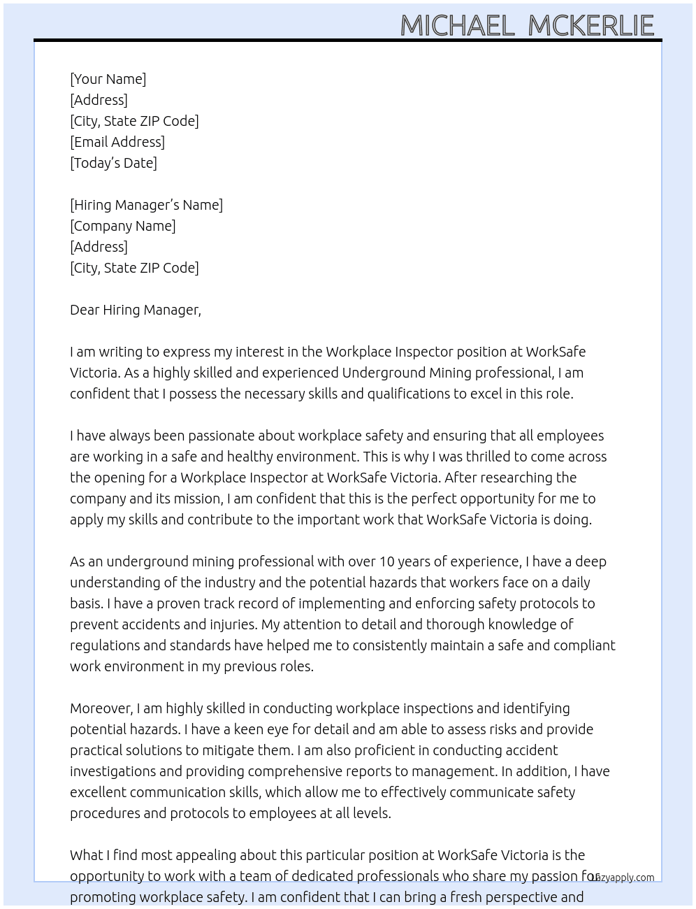 Workplace Inspector  At WorkSafe Victoria  Cover Letter