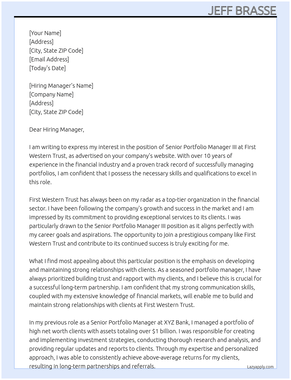 Senior Portfolio Manager III At First Western Trust Cover Letter