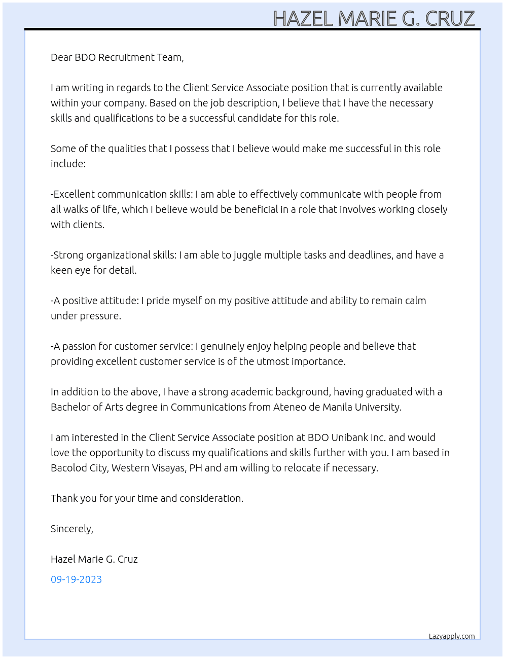 Client Service Associate  At BDO Unibank Inc. Cover Letter