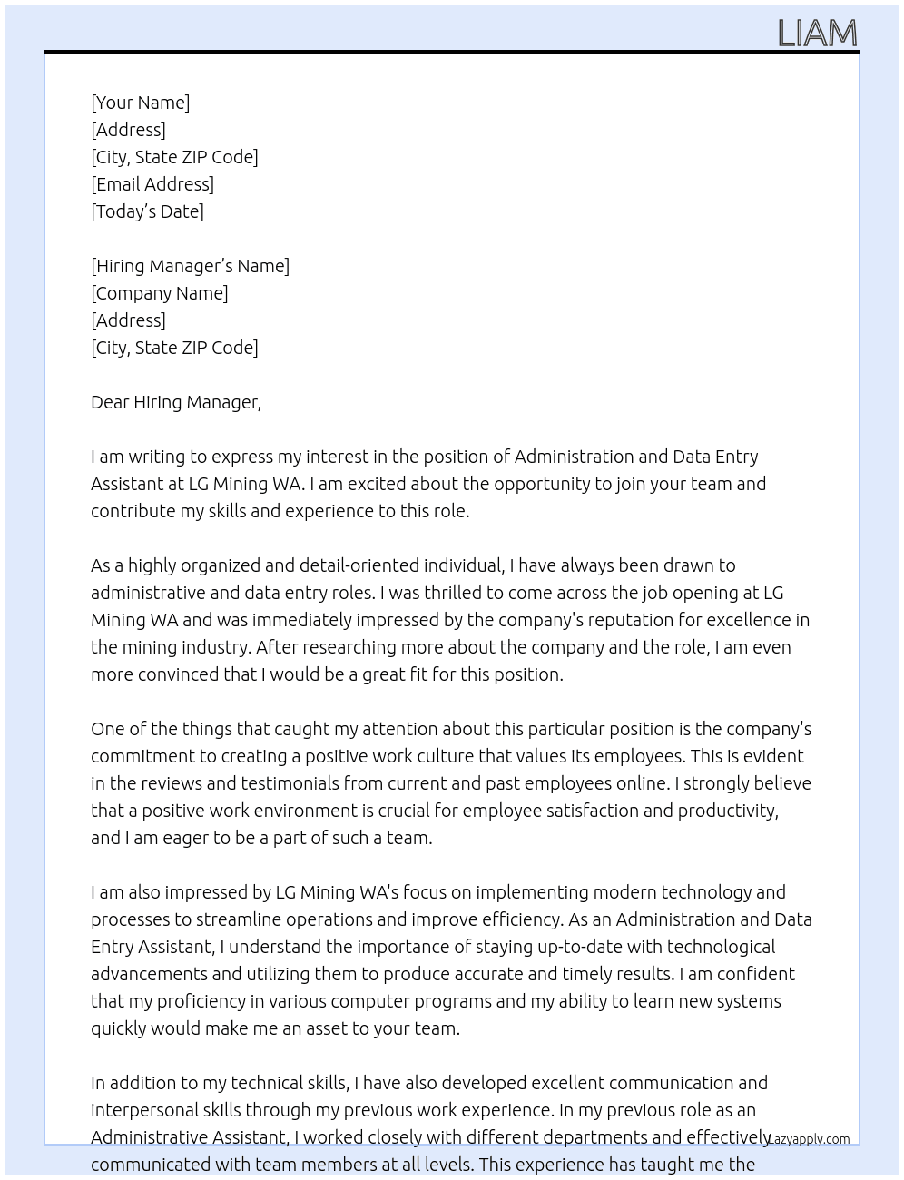 Administration and Data Entry Assistant At LG Mining WA Cover Letter