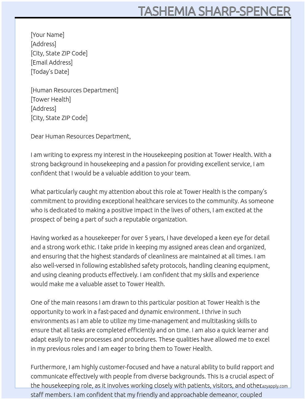 housekeeping At Tower Health Cover Letter