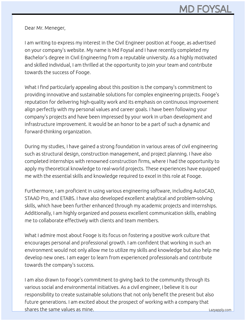 Civil engineer  At Fooge Cover Letter