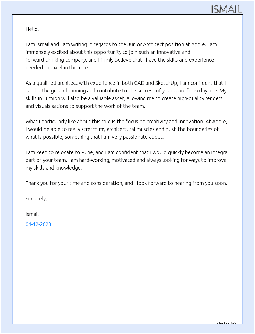 junior architect At apple Cover Letter