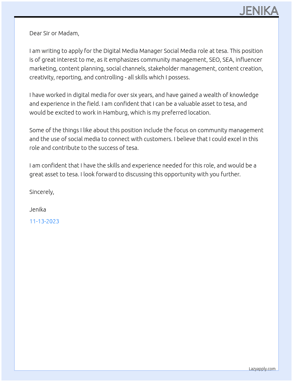 Digital Media Manager Social Media  At tesa Cover Letter
