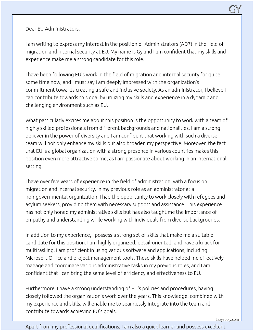 Administrators (AD7) in the field of migration and internal security At eu Cover Letter