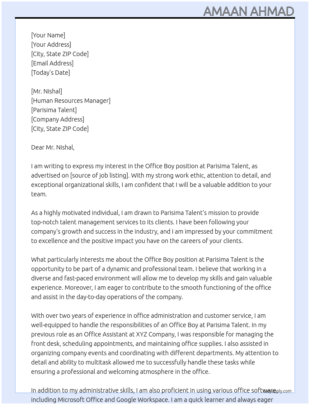 Office boy At Parisima talent  Cover Letter