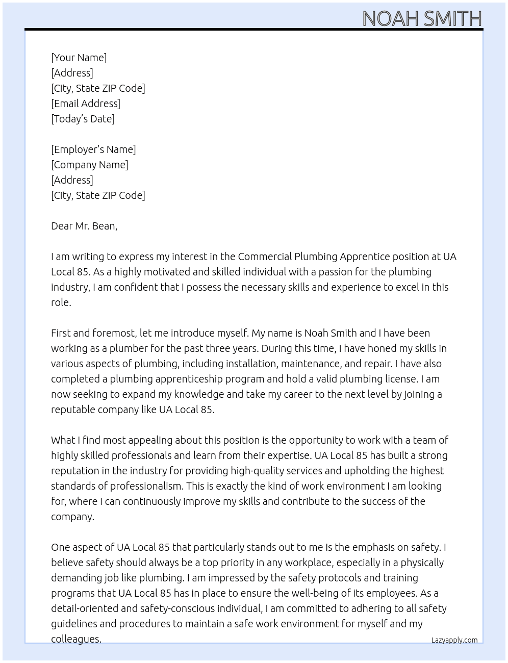 Commerical Plumbing Apprentice  At UA Local 85 Cover Letter
