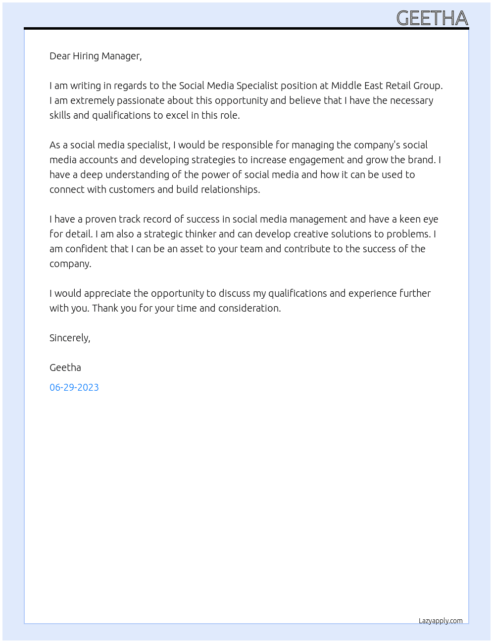 Social media spcialist At Middle East Retail Group Cover Letter