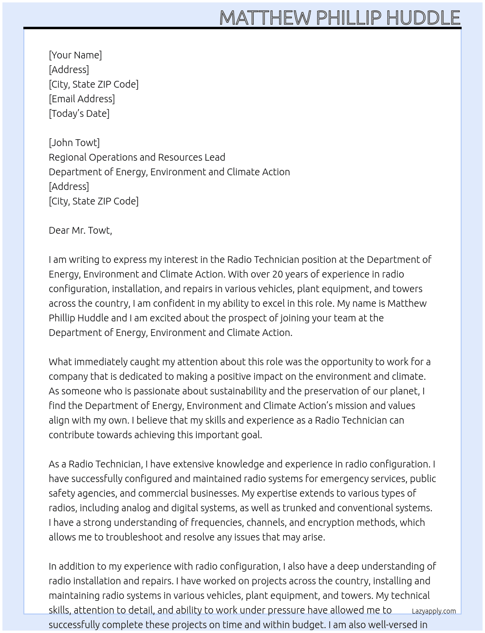 Radio Technician At Department of Energy, Environment and Climate Action Cover Letter