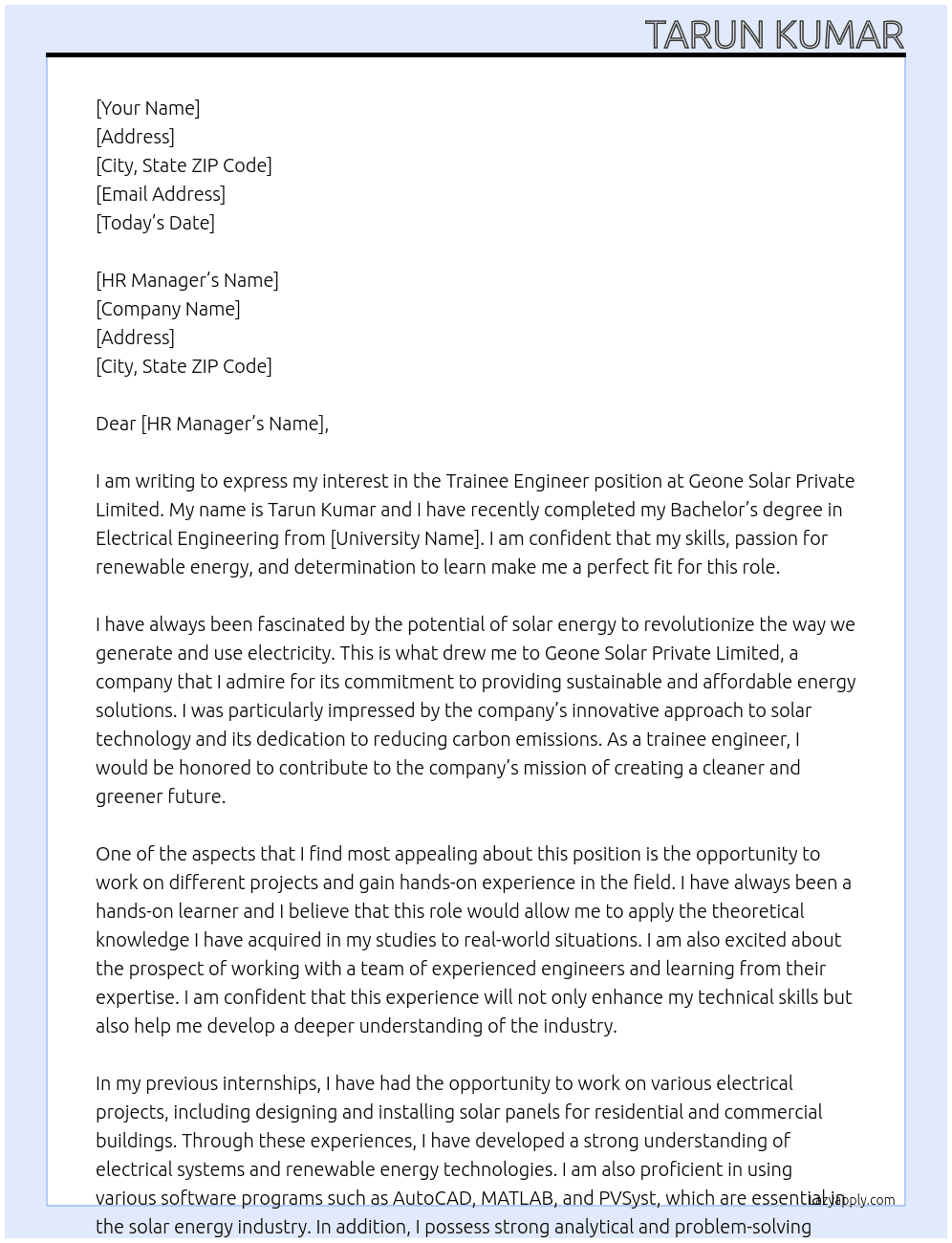 trainee engineer  At Geone solar private limited  Cover Letter