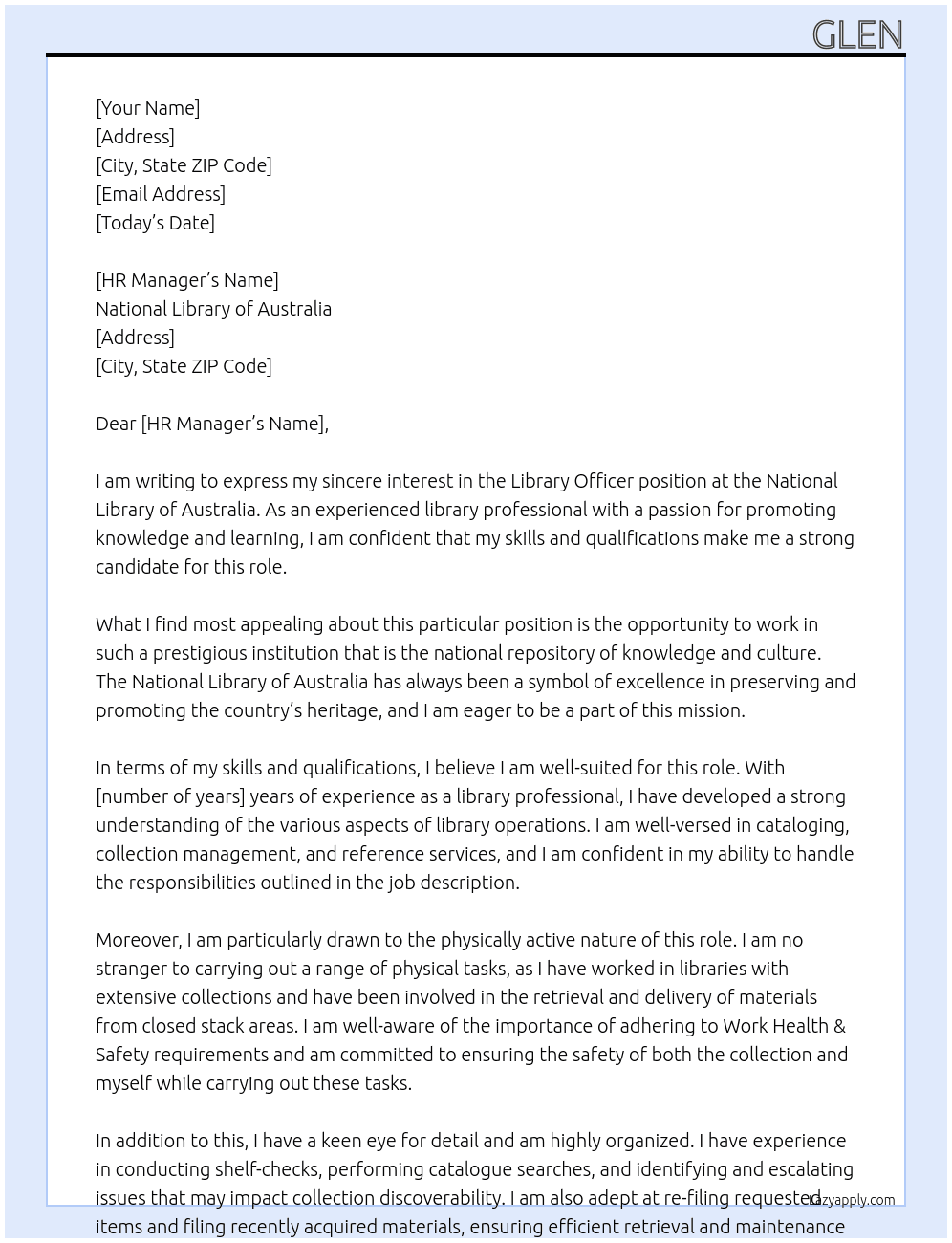 Library Officer At National Library of Australia  Cover Letter