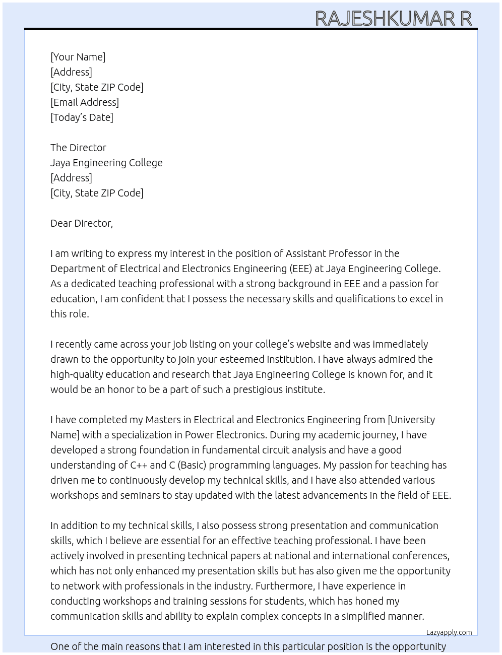 Assistant professor EEE At Jaya Engineering college  Cover Letter