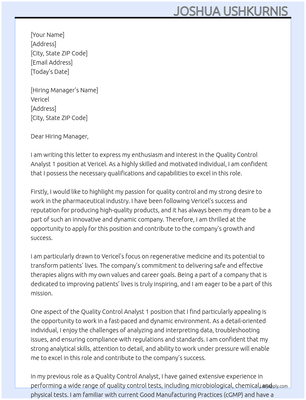 Quality Control Analyst 1  At Vericel  Cover Letter