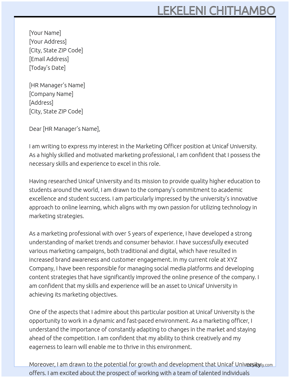 Marketing Officer  At Unicaf University  Cover Letter