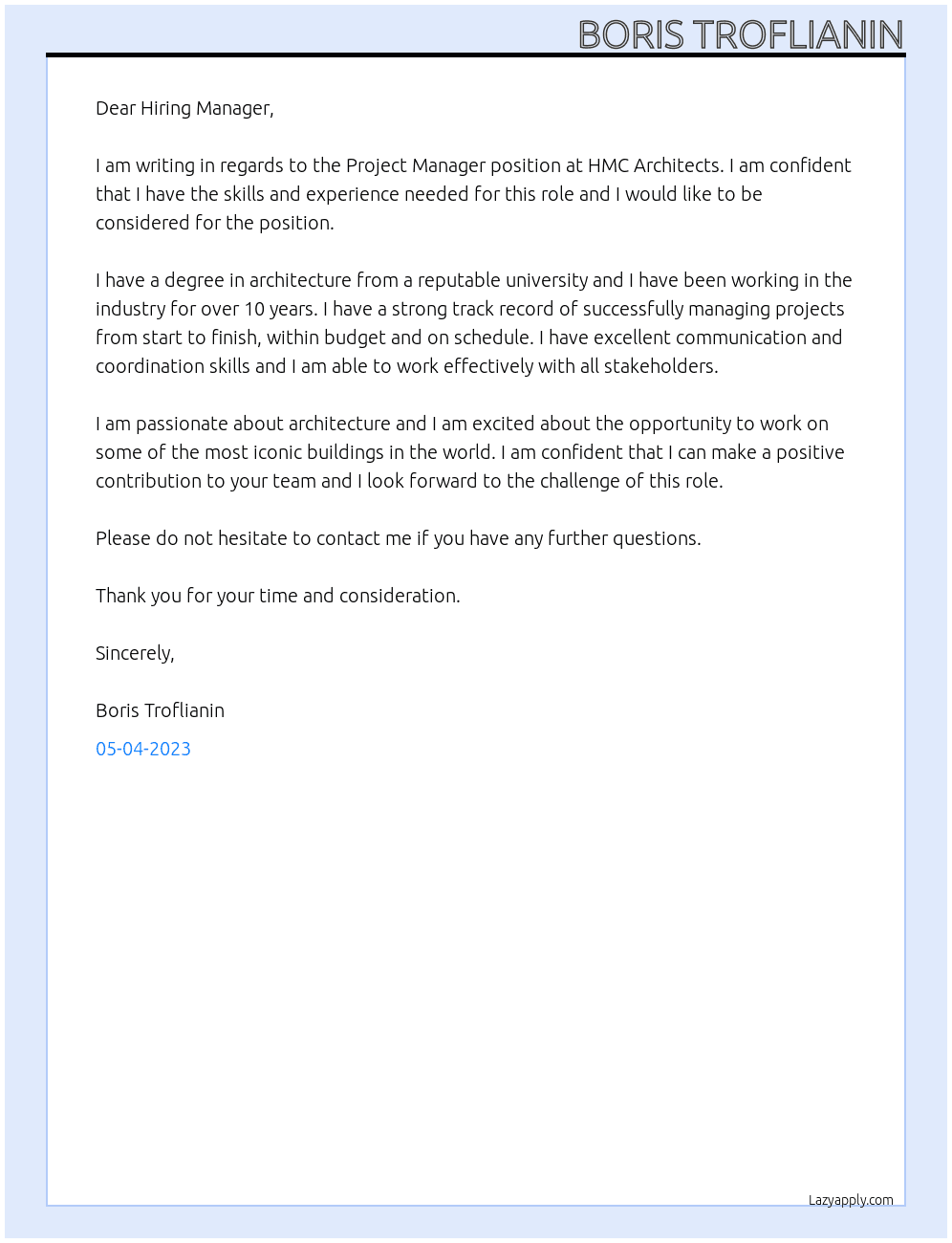 Project Manager  At HMC Architects Cover Letter