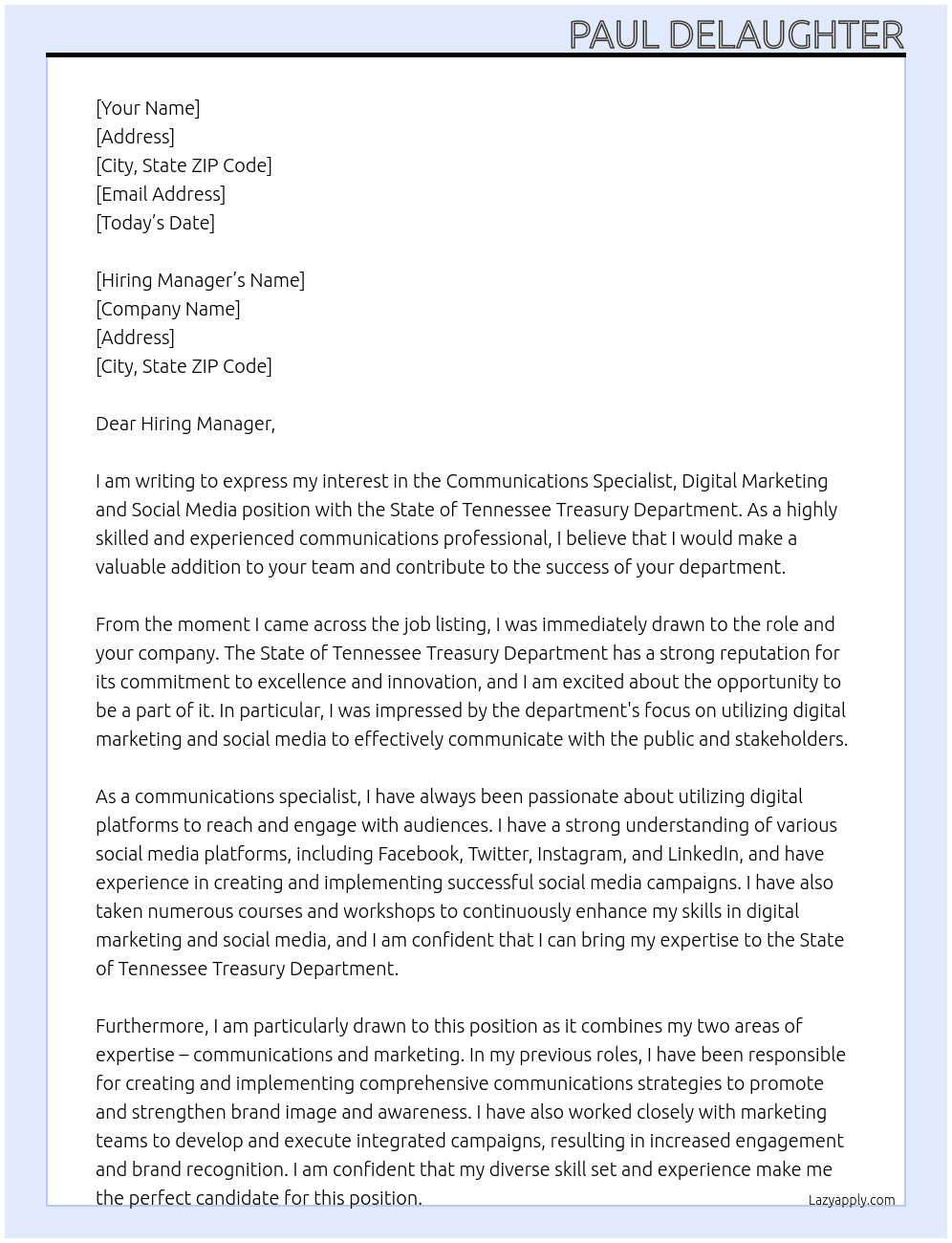 COMMUNICATIONS SPECIALIST DIGITAL MARKETING AND SOCIAL MEDIA At State of Tennessee Tresury Dept Cover Letter