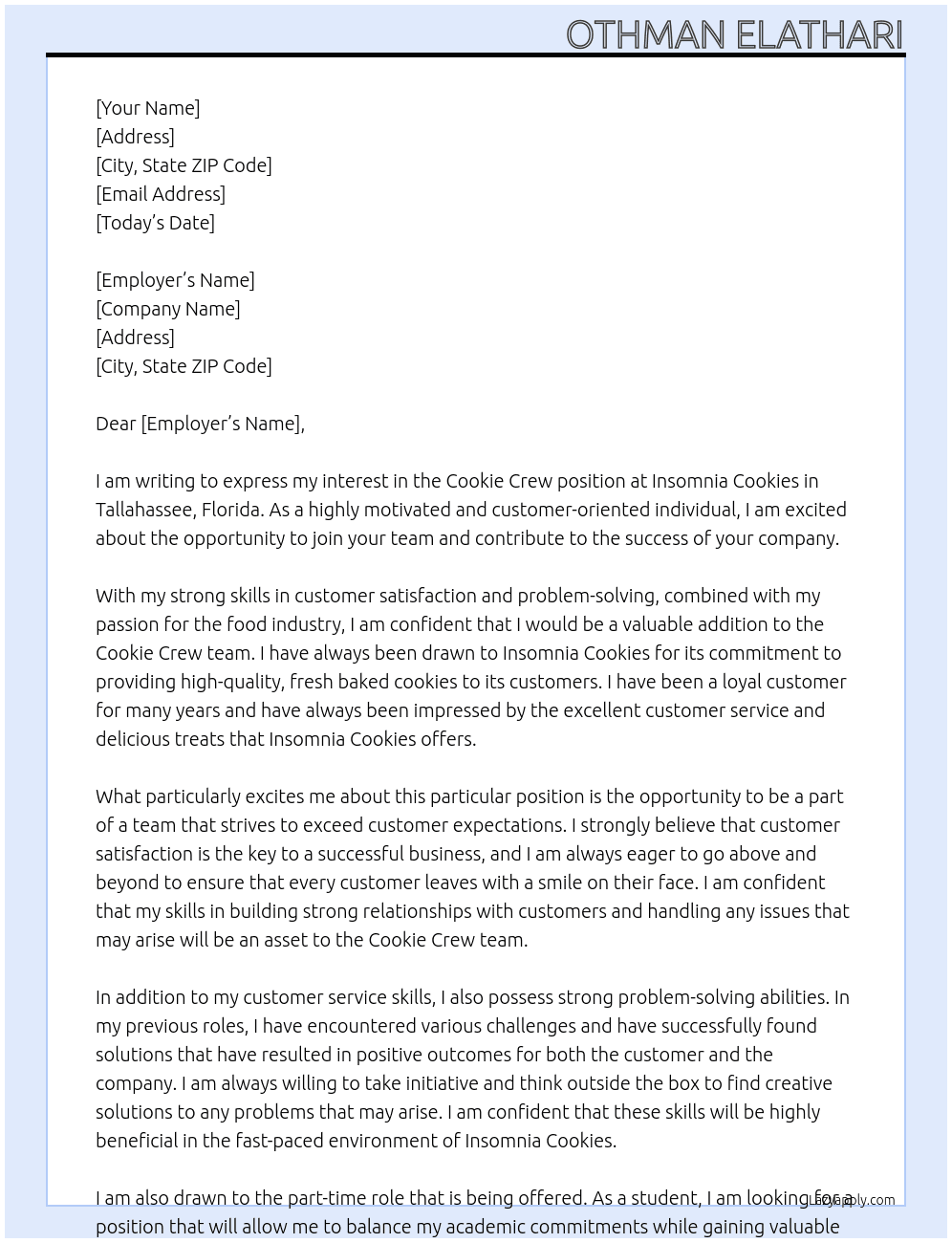 Cookie Crew At Insomnia cookies Cover Letter