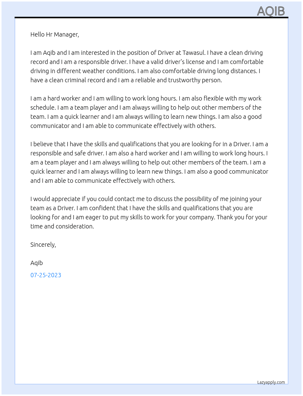 Driver  At Tawasul Cover Letter